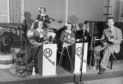 The Harmonettes in 1947, with Kaye on drums, sisters Mary and Bobbye, and their father Bob Gruetzman