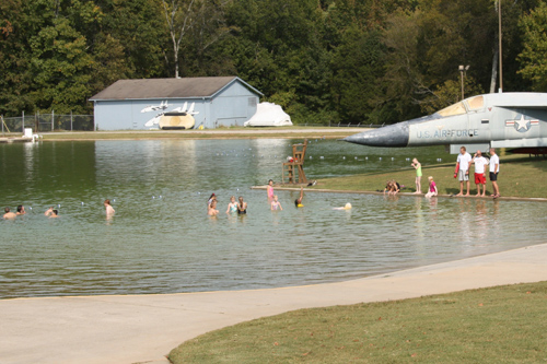 space camp students swimming in the cold, cold lake