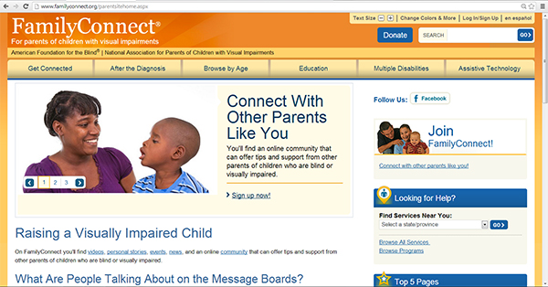 screen capture showing FamilyConnect home page