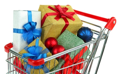 A shopping cart full of winter holiday decorations