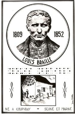 engraved image of Louis Braille and his birthplace