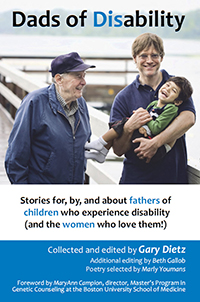 link to dadsofdisability.com: Dads of Disability book cover showing a dad holding his smiling son, with a grandfather looking on kindly