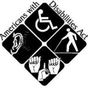 The ADA logo: Americans with Disabilities Act, four squares with symbols for hearing, wheelchair, blind pedestrian, and sign language