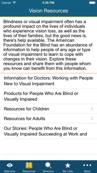 A screenshot of the AFB VisionConnect iOS app