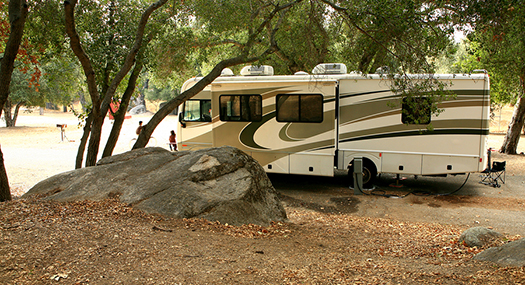 RV camper parked in a shady site