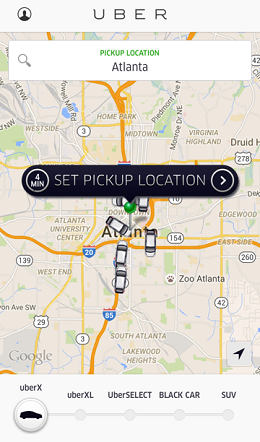 image of uber app pick up location screen