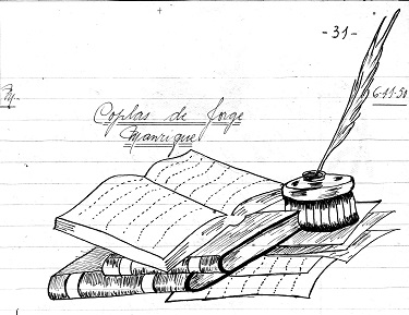 stack of books with page open next to quill. Drawing by Piluca Steel