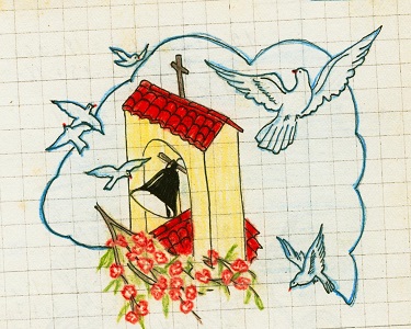 drawing of doves flying around a Tower. Drawings by Piluca Steel.