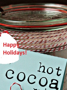 jar with cocoa mix with ribbon and happy holidays message