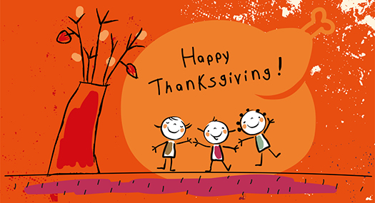 doodle of children smiling, holding hands, saying Happy Thanksgiving