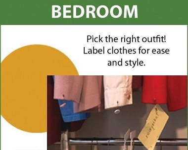 using colored tags and large print tags to label clothes in closet