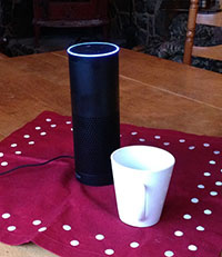 echo device pictured next to white coffee cup. The echo is round and approximately 3 times taller than the cup and about the same girth as the cup