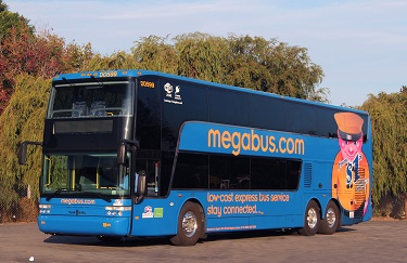 left side of mega bus with lettering saying low cost express bus service 