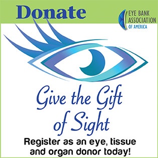 national eye donor logo with picture of eye and words give the gift of sight register as an eye, tissue, organ donor today