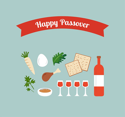 Graphic Happy Passover with various food and wine