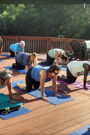 group taking yoga poolside