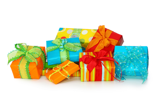 Gifts wrapped with different color paper and ribbons