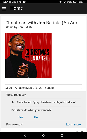 screen shot of results of kindle alexa search for jon batiste recording