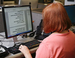 Woman sitting down looking at a computer screen with enlarged text