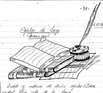 Drawing of a book and a feather ink pen with cursive writing
