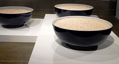 An art display of three high contrast bowls 