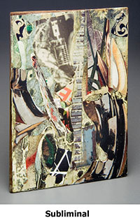 A picture of Will Ursprung's Subliminal, a collage made of found papers and altered image on wood shingle