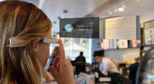 female Aira user (not Mary) looking at menu posted in restaurant using glasses