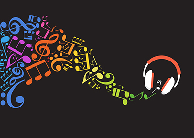 Colorful music notes flowing out of a pair of headphones on a black background