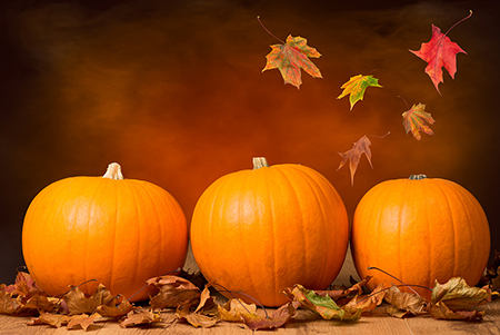 Three pumpkins lined up with fall leaves in front of an orange background