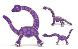 A purple Dinosaur Grasping Toy made of wooden segments held together with elastic bungee
