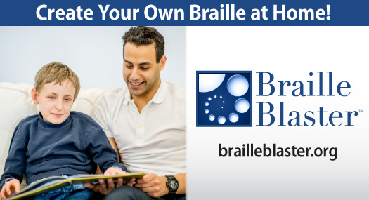 Boy sitting on the couch with his father reading braille with the heading Create Your Own Braille at Home and the Braille Blaster logo and brailleblaster.org URL to the right of the image