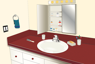 Diagram of a high contrast bathroom sink - a white sink on a dark red counter top