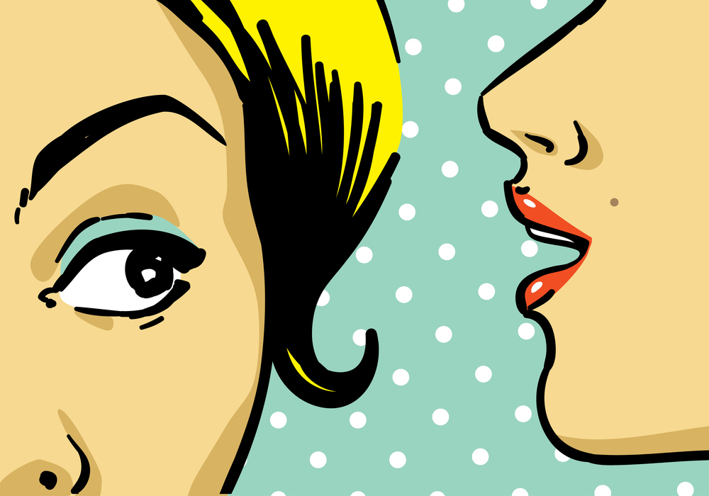 Pop art drawing of a close up of a woman's mouth whispering to another woman