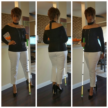 woman modeling 3 different views of self in black top and white pants wearing scarf and black heels