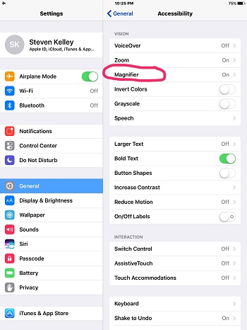 screen shot of ipad accessibility section indicating magnifier