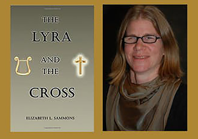 Elizabeth Sammons on right with cover of her book The Lyra and the Cross on left