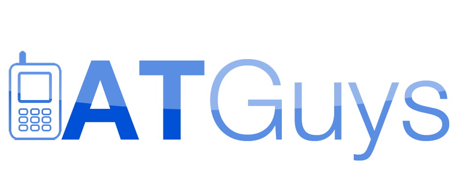 The A T Guys logo, with a white background and blue print, with a small stylized mobile device