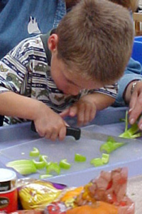 young visually impaired boy cutting celery with a sharp knife