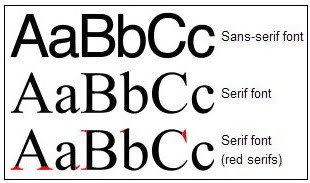 Three rows of type. Top row is sans-serif font. Second row is serif font. Third row has serifs accentuated in red.