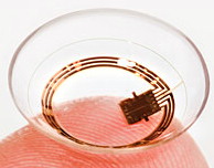 The Triggerfish contact lens, displayed on the tip of an index finger. Credit: SENSIMED