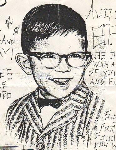 A detailed black and white pencil or line drawing of Dave at age four. He is wearing glasses, a bow tie, and a smile