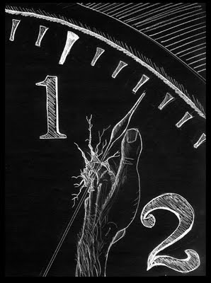 Graphic of a clock face shrouded in darkness, with the hour hand between 1 AM and 2 AM