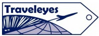 The Traveleyes logo, which is a white luggage tag with Traveleyes and an outline of an airplane in dark blue