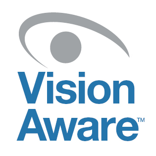 The new VisionAware logo. The words Vision and Aware are in blue, topped by a stylized eye design. It looks like a gray dot partially enclosed by a swooping line