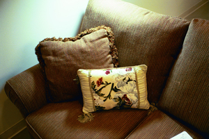  brown couch with cream colored pillow