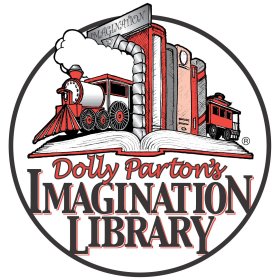 The Imagination Library logo. It contains a drawing of a red train (the little engine that could) atop an open book