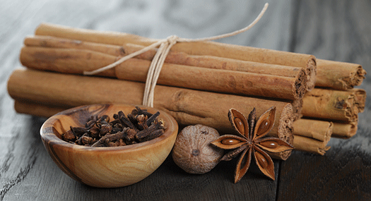 cinnamon sticks, nutmeg, cloves, and star anise