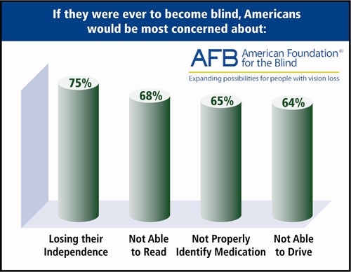 bar graph illustrating data on Americans' top concerns of having vision loss presented in bullet points two and three under header Attitudes About Blindness/Severe Vision Loss